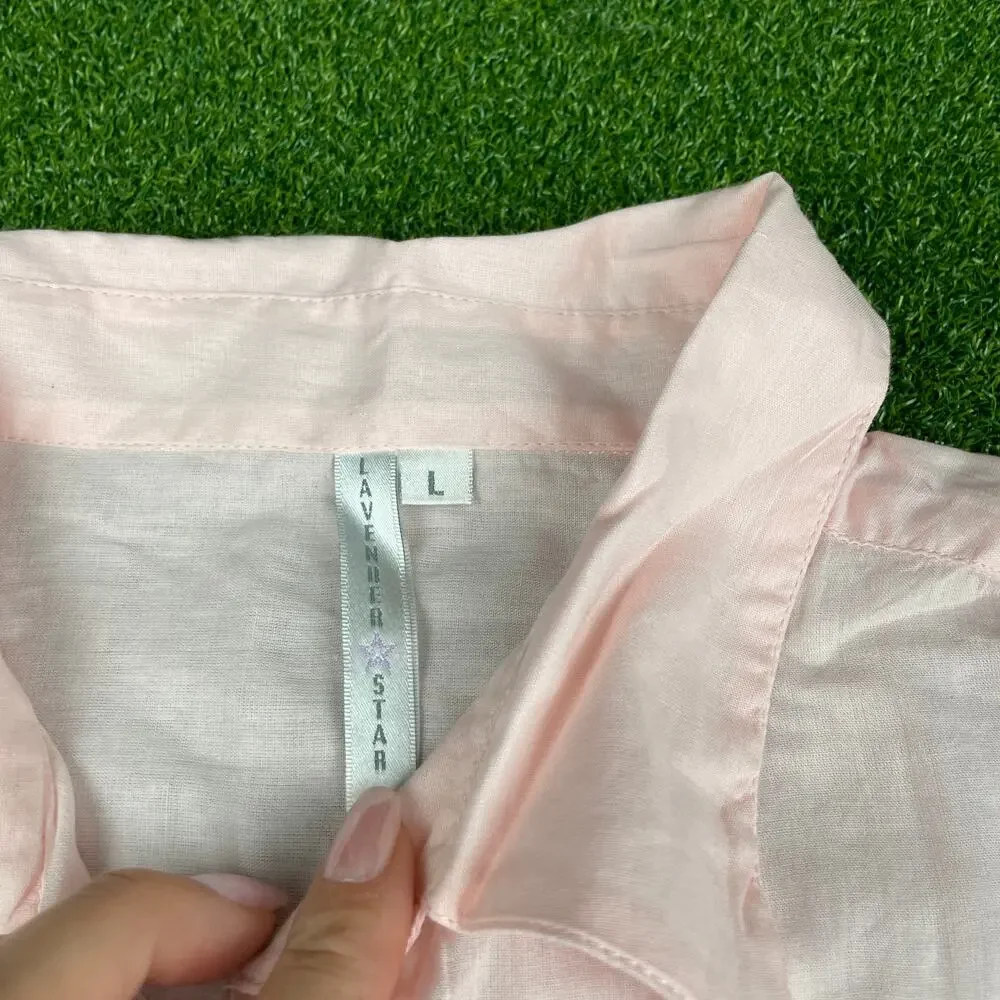 Lavender Star Pink Embroidered Long Sleeve Boho Sheer Button Up Shirt Sz L - Picture 4 of 6